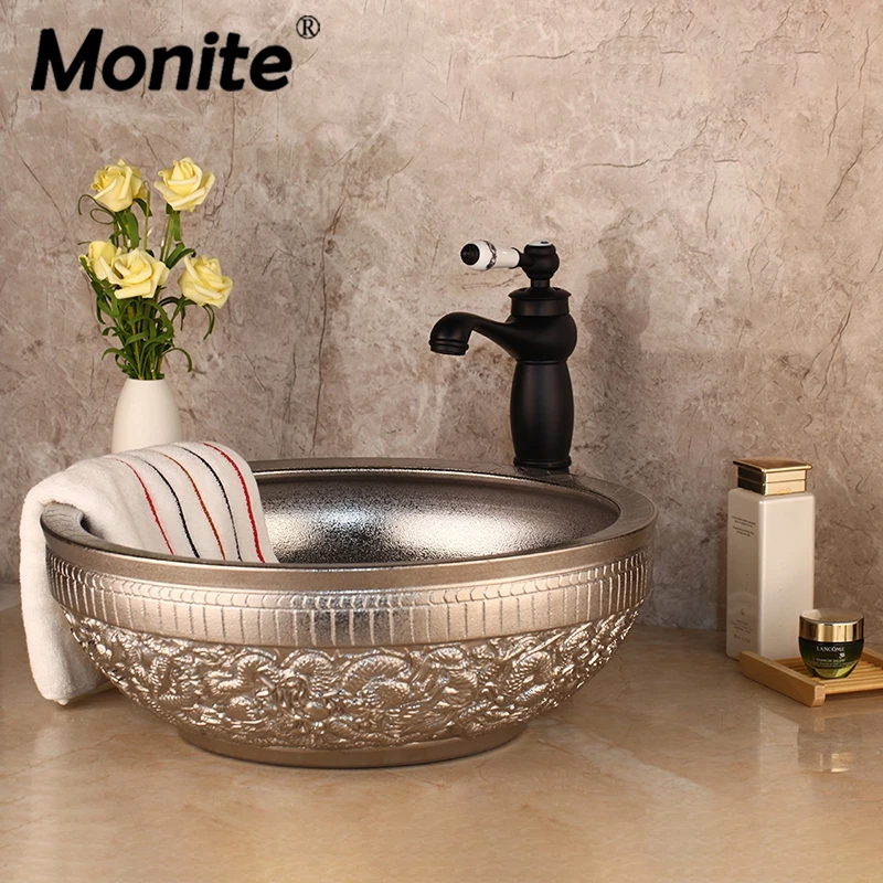 Monite Silver Bathroom Bowl Sink Ceramic Washbasin Set Hand Paint Lavatory Bath Basin Combine & Brass Black ORB Faucet Mixer Tap