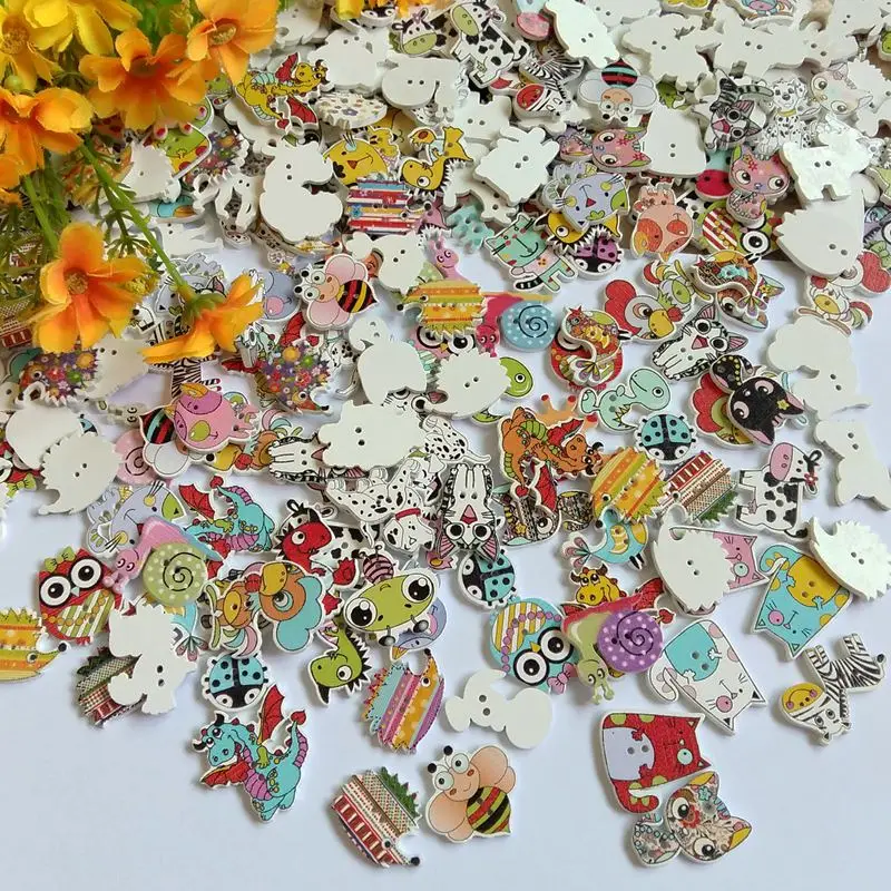 50pcs/lot Random Mixed cartoon buttons for Decorative Crafts accessories Scrapbooking 2 Holes Wood Buttons