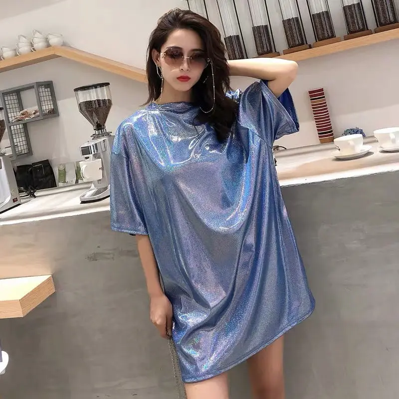 Summer Long Women T-shirt Glitter Nightclub O-neck Short-sleeved Casual Cotton Tops Fashion Reflective Women Clothes Korea Tops