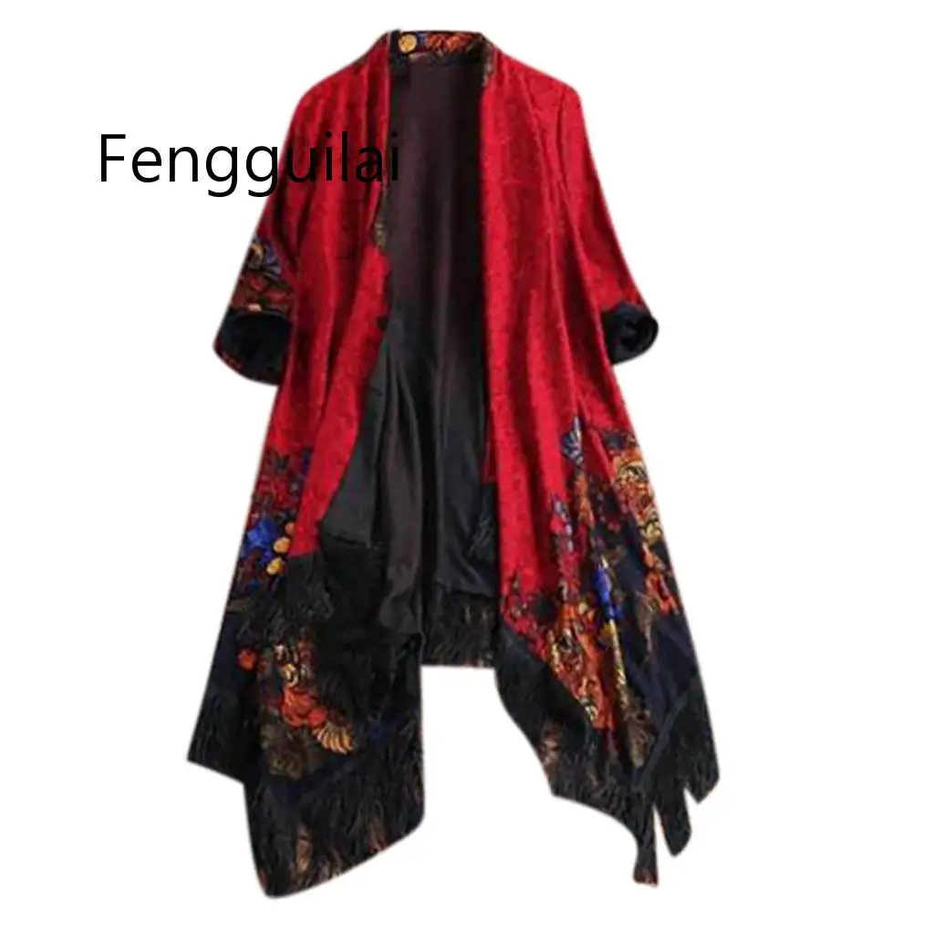 2022 FENGGUILAI   Long Women Ethnic Floral Tassel Cardigan Tops Ladies Casual Loose Outwear Jacket