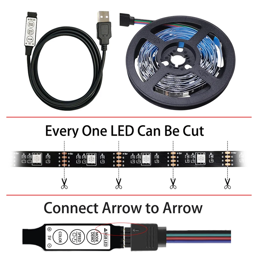 Usb\'li şerit LED ışıkları 5V 1M 2M 3M 4M esnek lamba RGB bant diyot 2835 5050 DC5V masa ekranı TV arkaplan ışığı aydınlatma bilgisayar