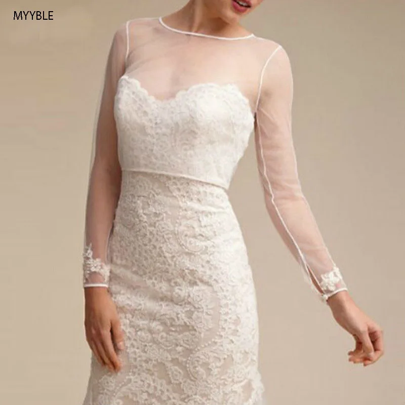 Myyble 2020 Nueva Llegada Sheer Lace Boda Bolero Chal Eenvoudige Manga Larga Nupcial Encaje Chaquetas Accesorios De Boda