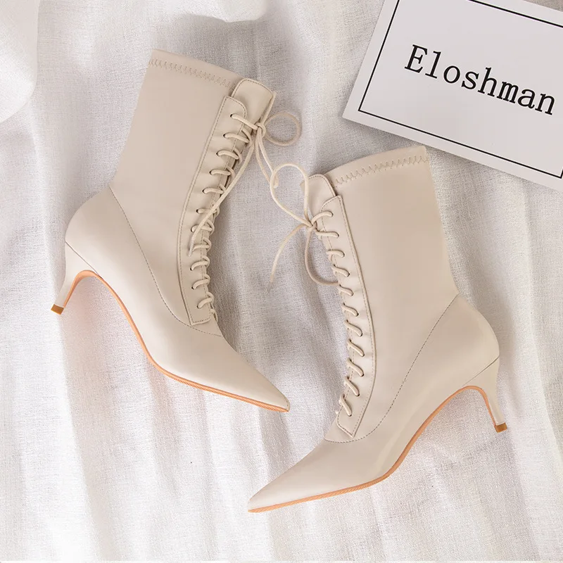 Elegant PU Cross-Tied Sewing Patchwork Women's Winter Boots 2022 NEW Spring Thin Heels Sexy Soft Leather Pointed Toe Women Shoes