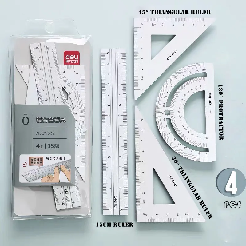 Deli 4pcs/set Aluminium Ruler Set Metal Geometry Maths Drawing compass stationery Rulers mathematical for School