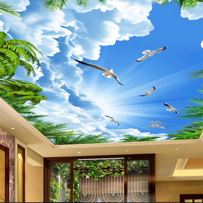 

wellyu Customized large mural wallpaper papel de parede para quarto cocoa blue sky white cloud seagull ceiling mural wallpaper