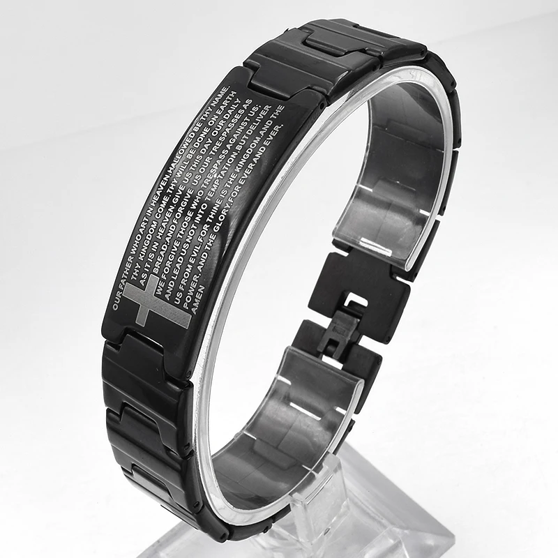 ATGO Black Silver Color Cool Chains Link Stainless Steel Cuff Bangle For Men Bible English Cross Bracelets Jewelry Gift Women