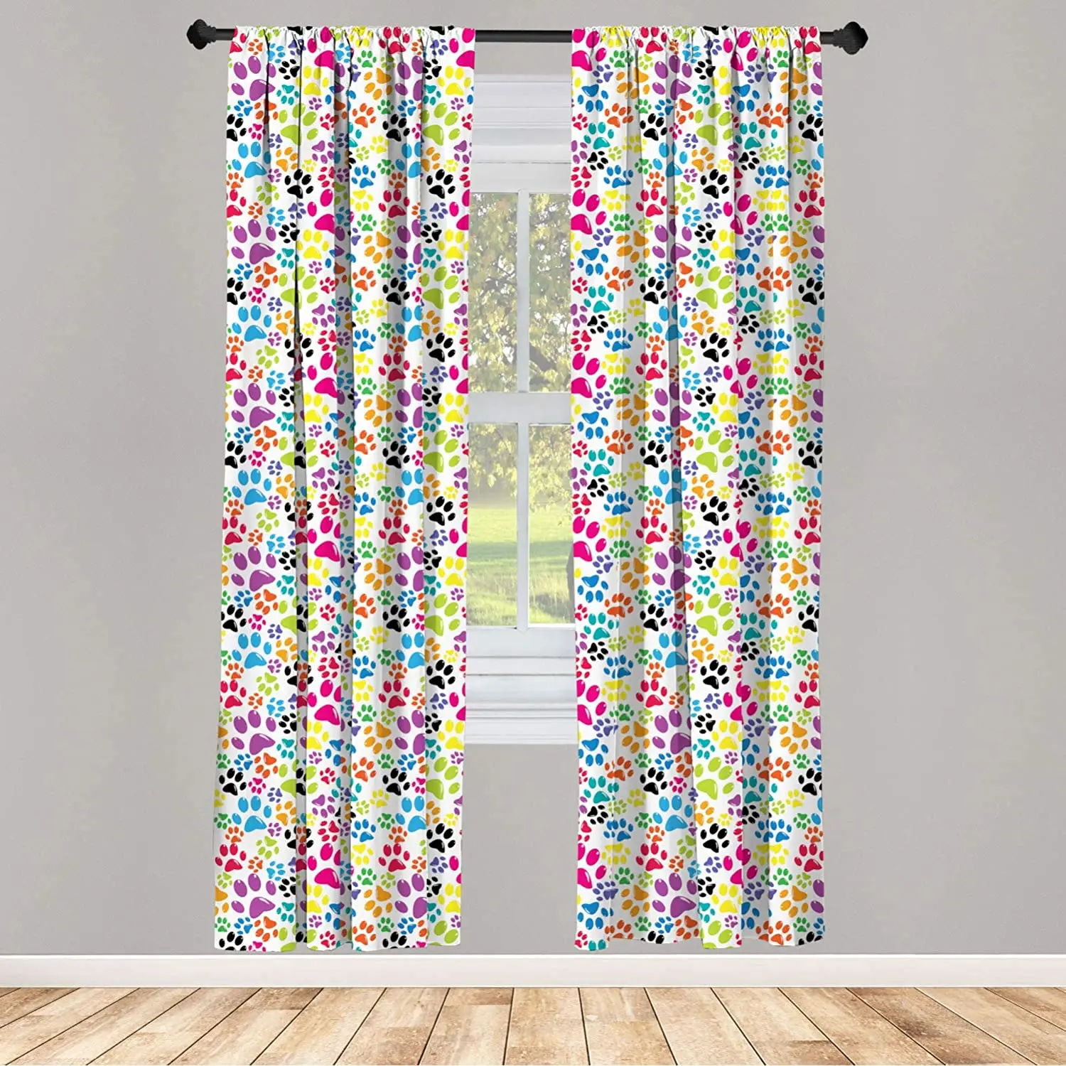 Dog Curtain for Kids Room Colorful Little Paws Steps Childish Artwork Cartoon Unusual Traces Lightweight Window Drapes