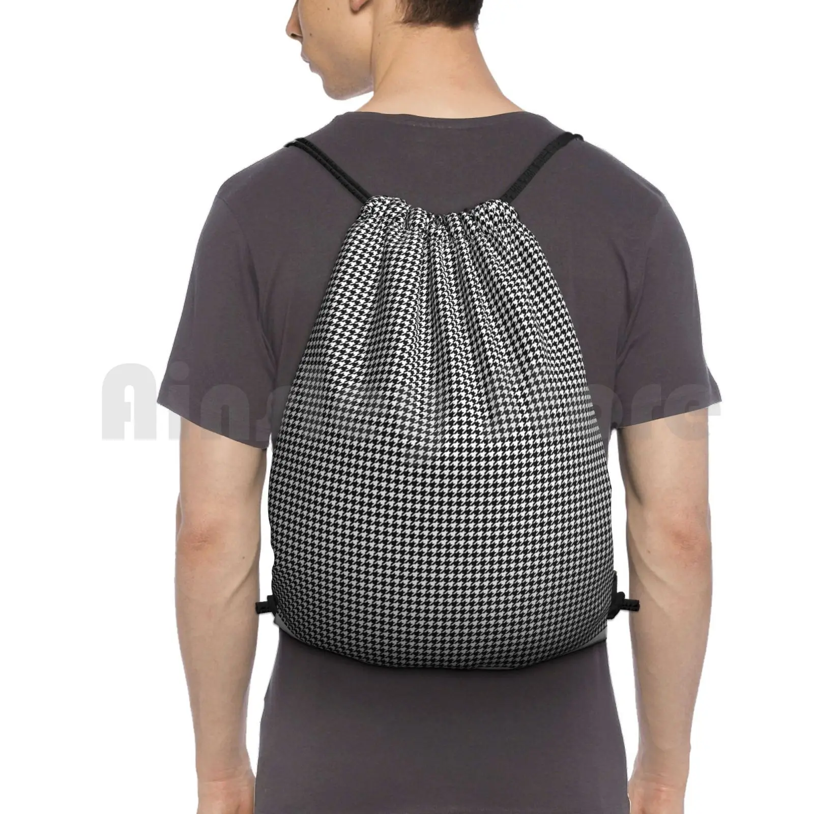 

Classic Vintage Black And White Houndstooth Pattern Backpack Drawstring Bags Gym Bag Waterproof Classic Black White