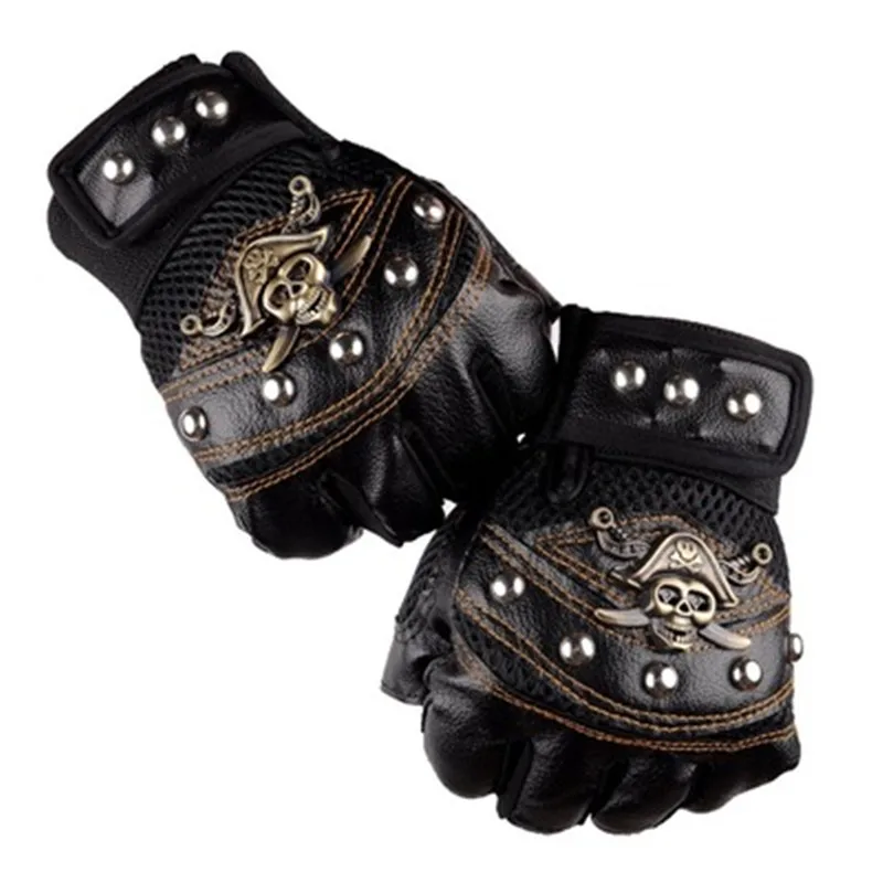 Skulls Rivet PU Leather Fingerless Gloves Fashion Hip Hop Men Women\'s Gym Gloves Tactical Mitts Female Moto Mittens Men\'s Gloves