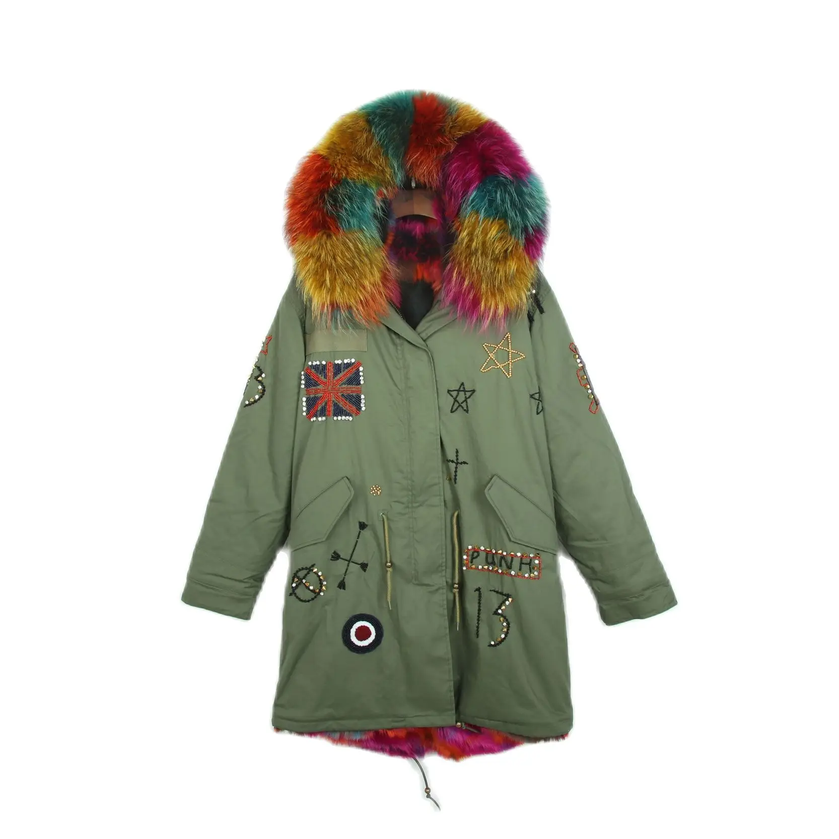 Parka longue brodée de perles colorées pour femmes, pardessus vert en fourrure de lapin