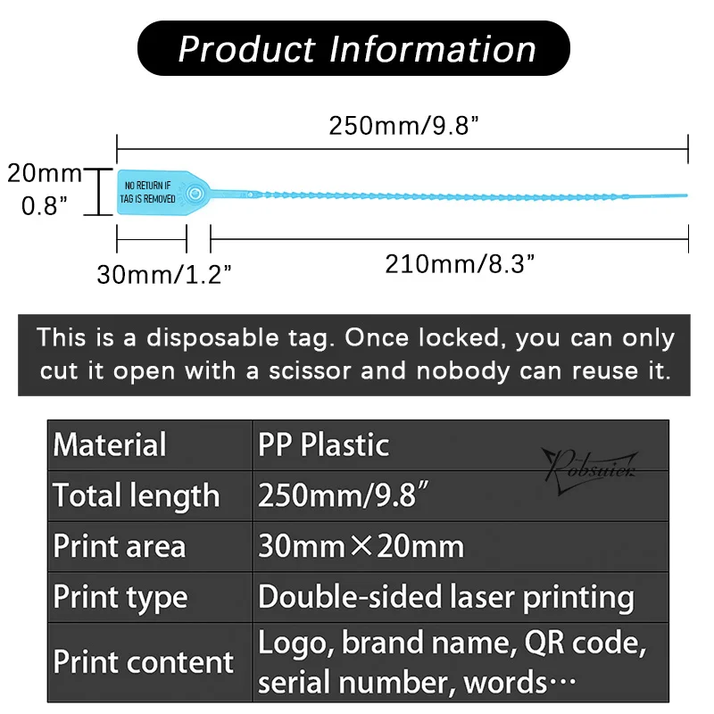 100pcs Plastic Security Seals Disposable Tamper Proof VOID Label Product Packing Hang Tags, NO RETURN IF TAG IS REMOVED, 250mm