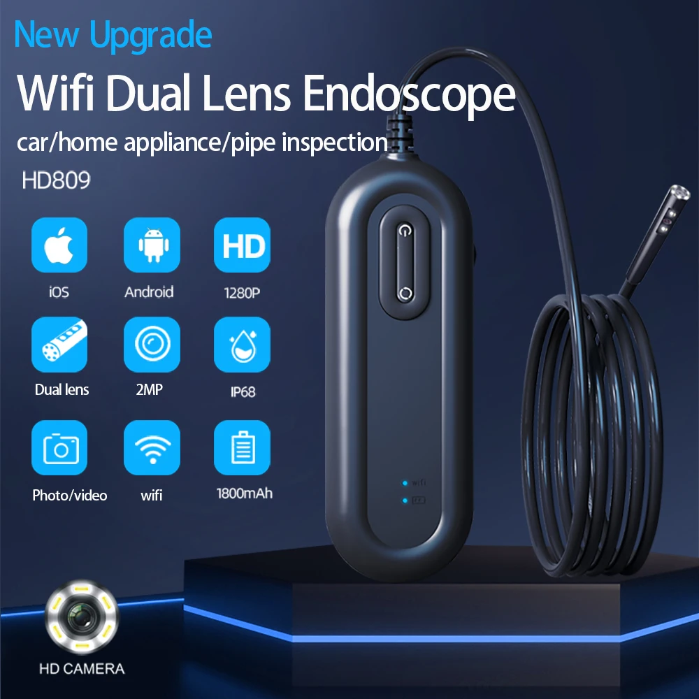 4.9mm Endoscope Camera 720P Dual Lens Wifi Borescope Inspection Camera Car Double Lens Endoscopic for Ios Android Huawei Phone