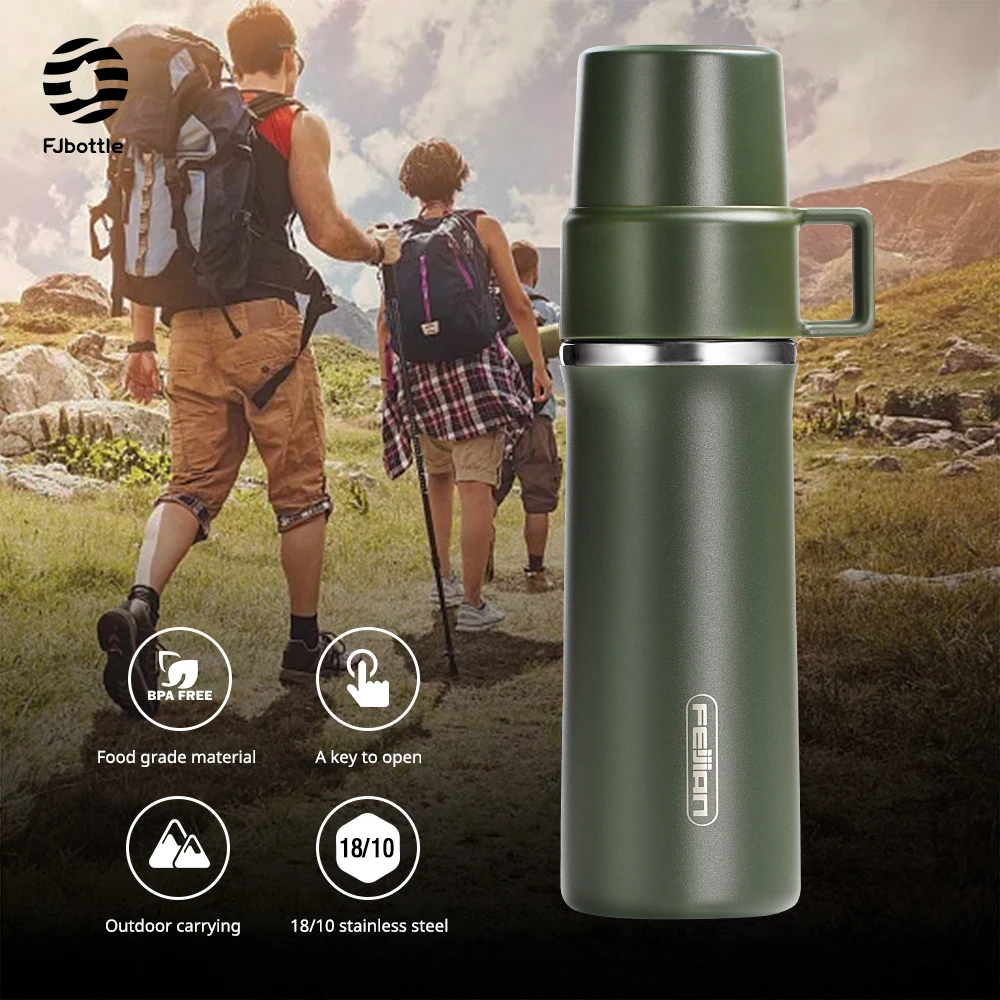 

Fjbottle Thermos Flask Outdoor Portable Vacuum Flask Handle Cup Lid Sports Water Bottle Stainless Steel Insulated Tumbler 600ML