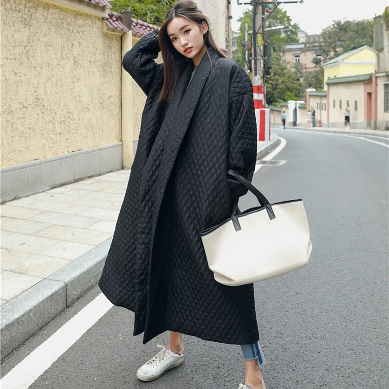 LANMREM-abrigo largo de algodón para mujer, chaqueta femenina de gran tamaño con solapa en la espalda y botones de ventilación, color negro, estilo