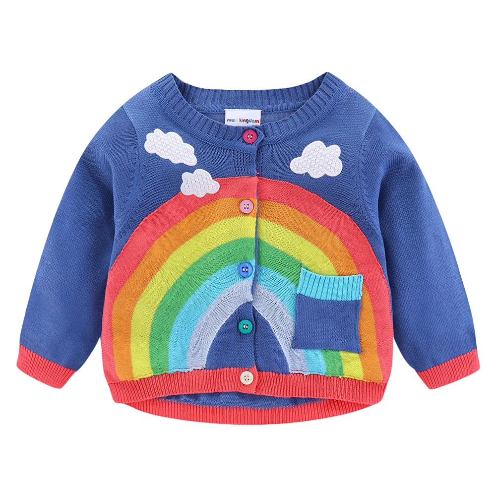 Mudkingdom Toddler Girl Boy Cardigan Sweater Lightweight Rainbow Clouds Knit Outerwear for Kids Clothes Cotton Spring Autumn