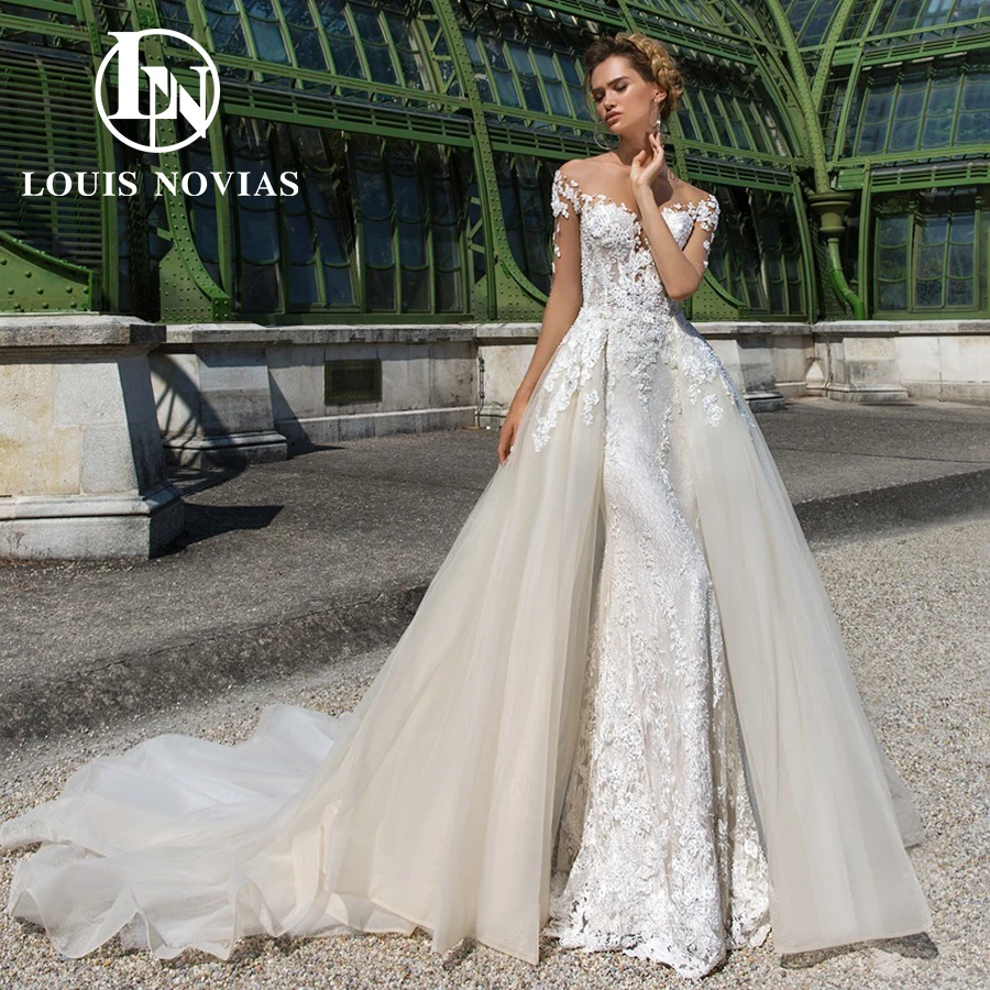 LOUIS NOVIAS 2 In 1 Mermaid Wedding Dresses For Woman 2024 Detachable Train Appliques Long Sleeve Wedding Gown Vestidos De Novia