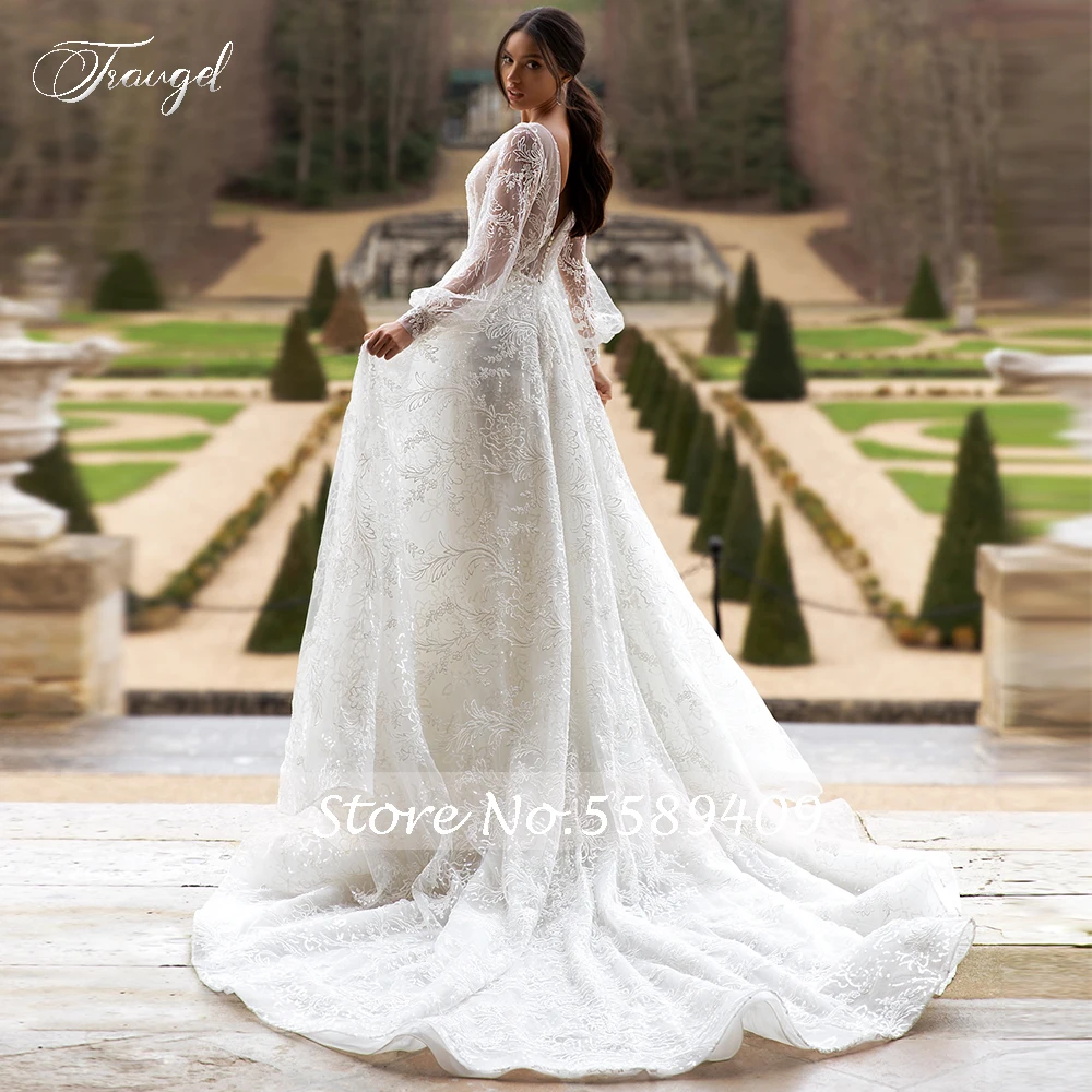 Traugel Elegant Scoop A Line Lace Wedding Dress Shiny Sequin Long Sleeve Backless Bride Dress Court Train Wedding Gown for Bride