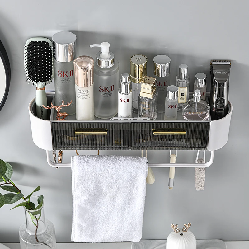 Punch-free Storage Rack With Towel Bar Bathroom Shelf With Hooks Two Drawer Organizer For Bathroom Household Bath Accessories