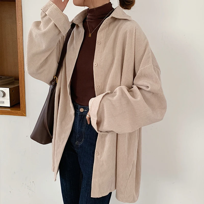 Spring New Women Solid Corduroy Vintage Oversized Blouse Turn-Down Collar Button Up Batwing Sleeve Shirt Autumn Casual Tops T0O5