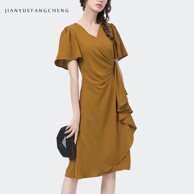 

Fashionable Simple Solid Ruffle Women Dress Waist Shirring Drape Design Short Sleeve V-Neck Office Ladies Summer Long Dresses