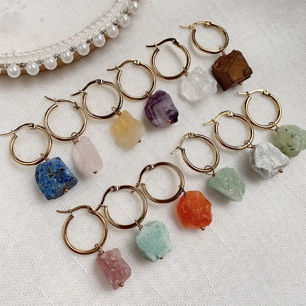 Natural Crystal Earrings Steel Hoop Rock Ore Mineral Fluorite Quartz Amethysts Lapis Stone Pendulum Purple Crystal Drop Earring