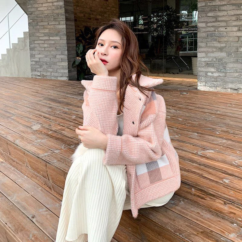 Winter Imitated Mink Coat Women Harajuku Loose Knitted Plaid Coat Fashion Korean Knitting Cardigan Short Jacket Tops Outwear