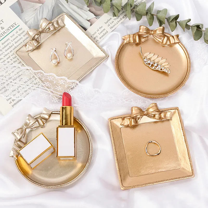 Shoot Props Jewelry Posing Golden Retro Plate Dish with Bow-knot Photography Photo Studio Fotografia for Earrings Ring Lipsticks