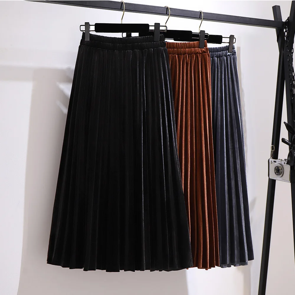 150Kg Plus Size Women\'s Autumn Winter Gold Velvet Skirt 5XL 6XL 7XL 8XL 9XL High Elastic Waist A-Line Pleated Skirt 3 Colors