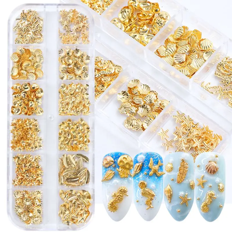 12 Grids/Box Mixed Glitter Metal Nail Art Decoration Starfish Shell Sun Coconut Tree Epoxy Resin Filling Material DIY