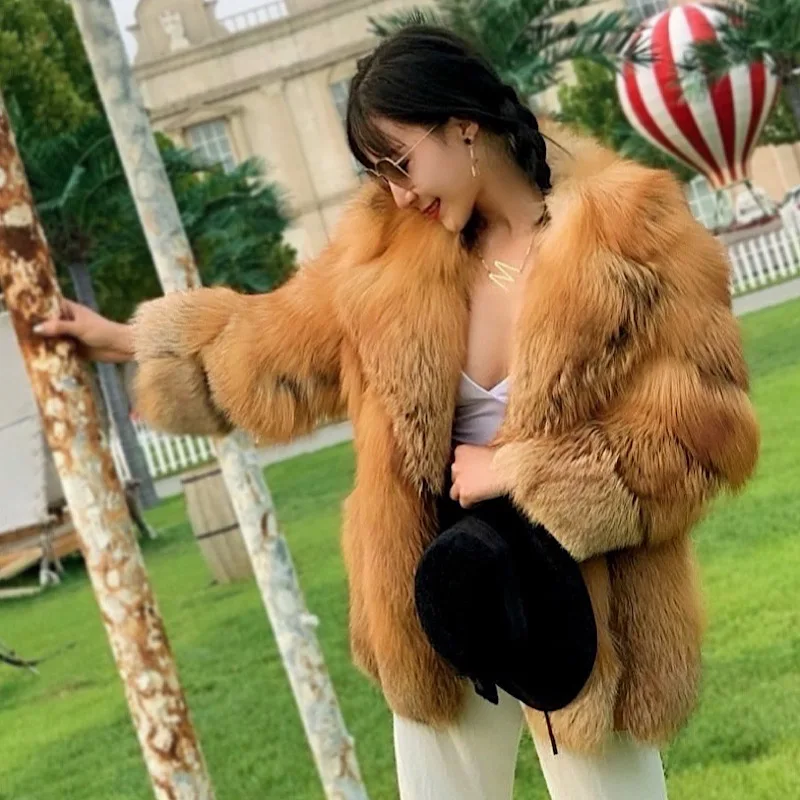 2021New one Piece Fur Fox Hair Fashionable Contrast Lapel Young Medium And Long Fur Coat Lady Winter