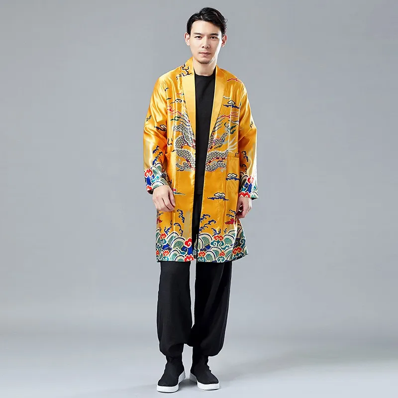 2020 Spring Chinese Style Men Printing Pattern dragon Long Slim Fit Lapel Casual Trench Outerwear Male Robe Runway Coats