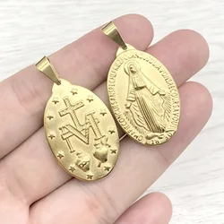 Stainless Steel Gold Color Virgin Mary Medal Pendant Religiosas Cross Medallion Medallas Virgin Girls DIY Making Necklace 10PCS