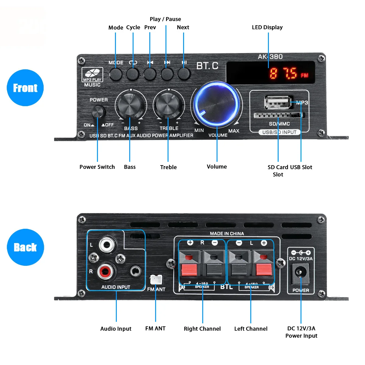 40W*2 Ak380 bluetooth 5.0 HiFi Power Amplifiers Stereo Home Car Audio 12V Digital Sound Amplifier BASS Music Player FM Radio