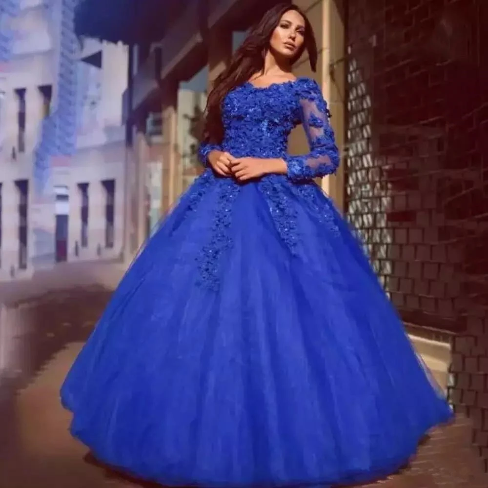 Robe cendrillon en dentelle bleu Royal, col en V, tenue de bal, à manches longues, avec application florale