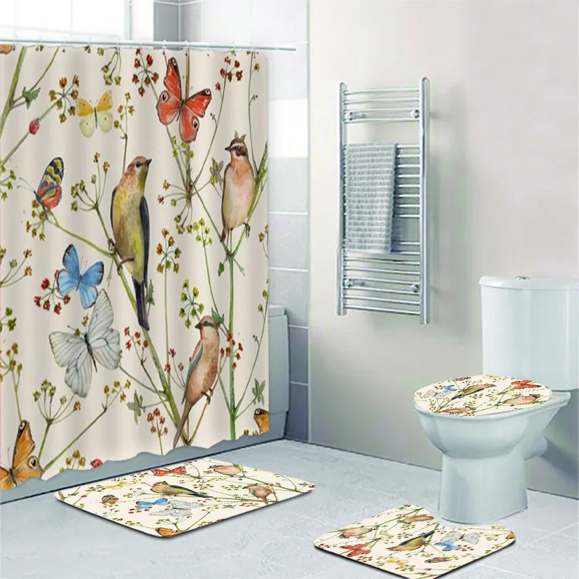 Stylish Beige Blossom Garden with Hummingbirds Plants Bathroom Shower Curtain Set Floral Vintage Flower Bird Art Rugs Home Decor