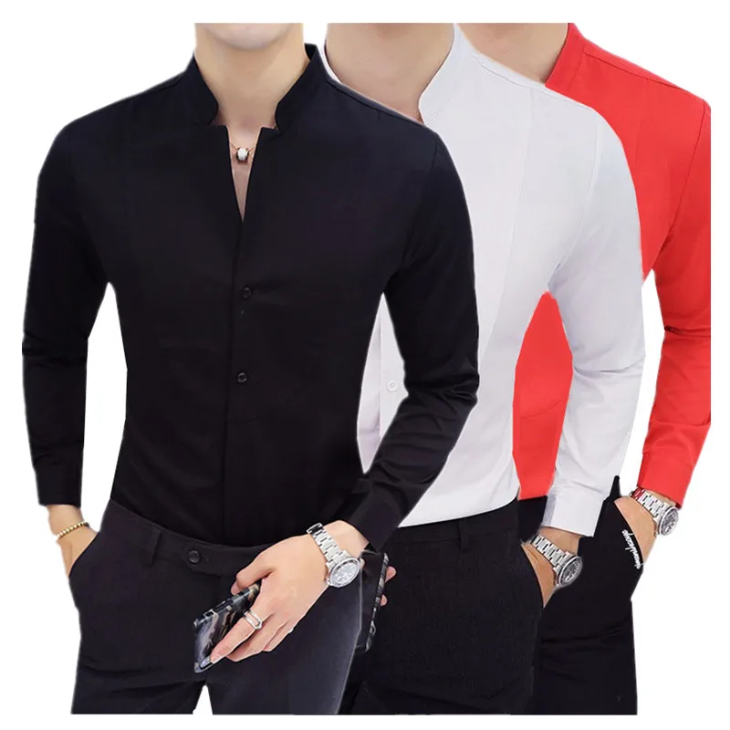 New Men Business Shirts Black/White Fashion Elegant Male Stand Collar Long Sleeve Tops Homme Wedding Party Dresses