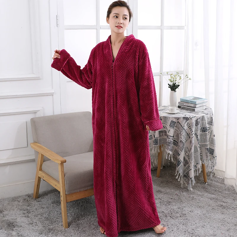 Women Extra Long Thermal Bathrobe Jacquard Flannel Winter Plus Size Pregnant Warm Bath Robe Zipper Dressing Gown Men Sleepwear