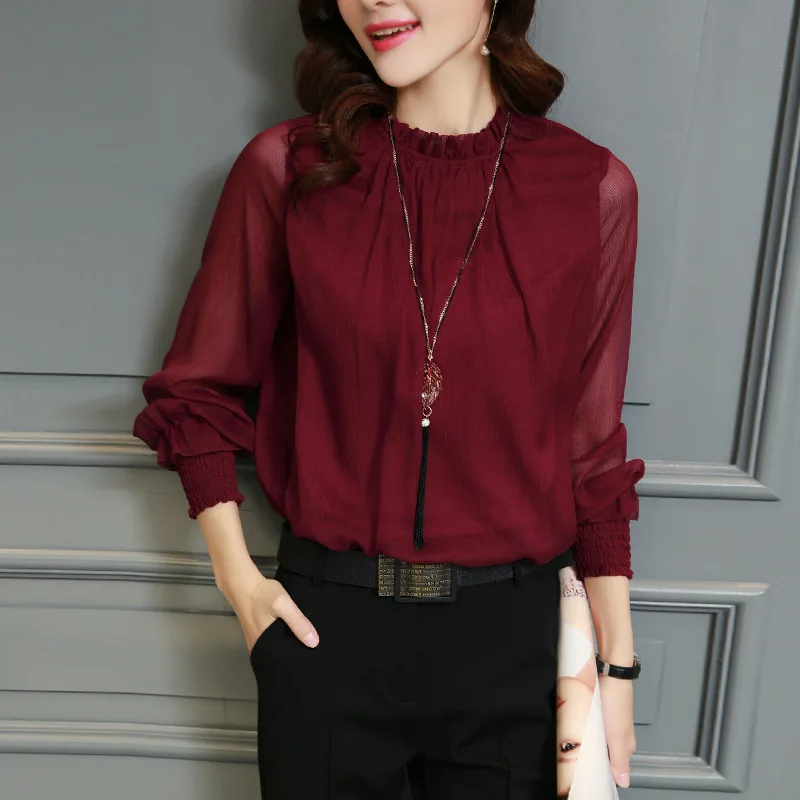 Chiffon Blouse New Women Tops Long Sleeve Stand Neck Work Wear Shirts Elegant Lady Casual Blouses women\'s blusas New