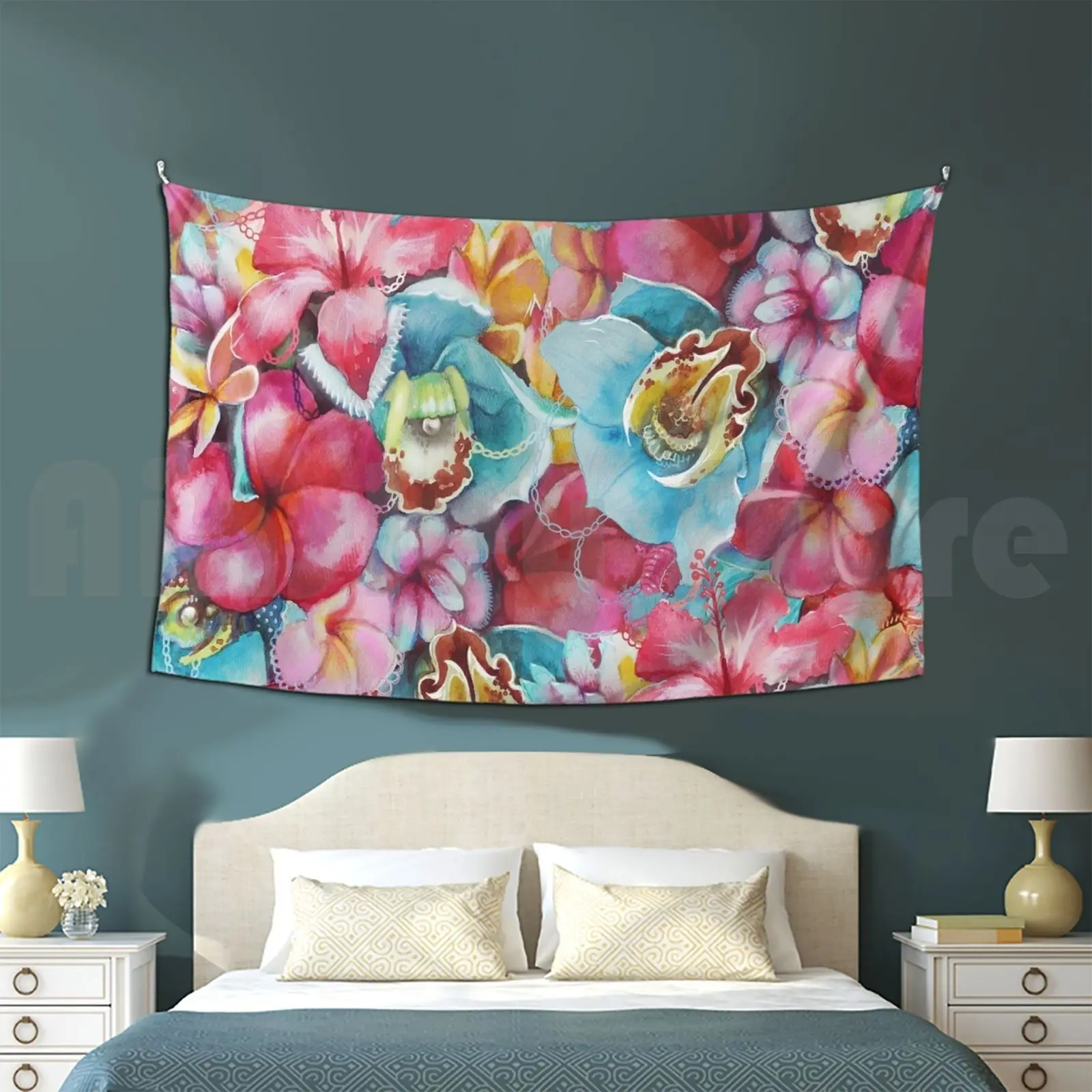 Hawaiian Bouquet Tapestry Living Room Bedroom 2442 Hibiscus Orchid Plumeria Flowers Red Orange Pink Peony Peonies