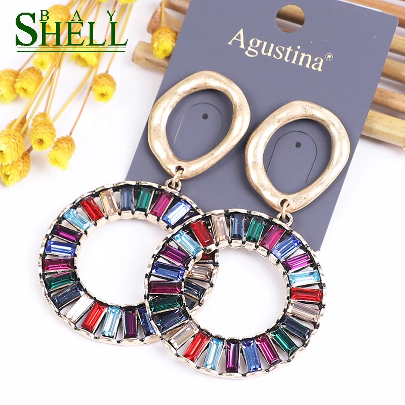 Shell bay Blue Kpop Earrings Fashion Jewelry Crystal Earrings Women Drop Circle Earrings Korean Boho Earings Luxury Earring Big