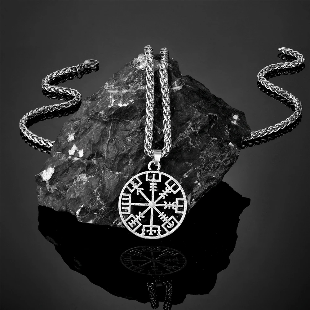 Viking Vegvisir Compass Pendant Men Amulet Necklace With Stainless Steel/Genuine Leather Rope Chain Scandinavian Norse Jewelry