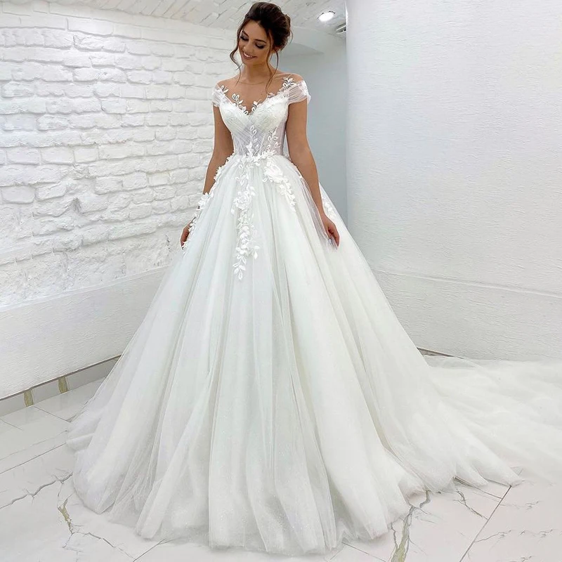 

New Arrival Scoop Appliques Lace Pleats Short Sleeve A-Line Glitter Tulle Wedding Dress Bridal Gowns Vestido De Noiva