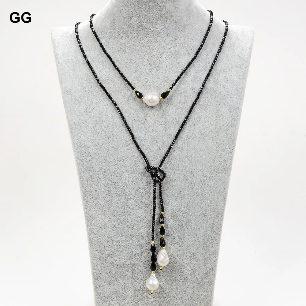 

GuaiGuai Jewelry 51" Natural Faceted Black Spinel Tourmaline Gems Stone White Keshi Pearl Long Necklace