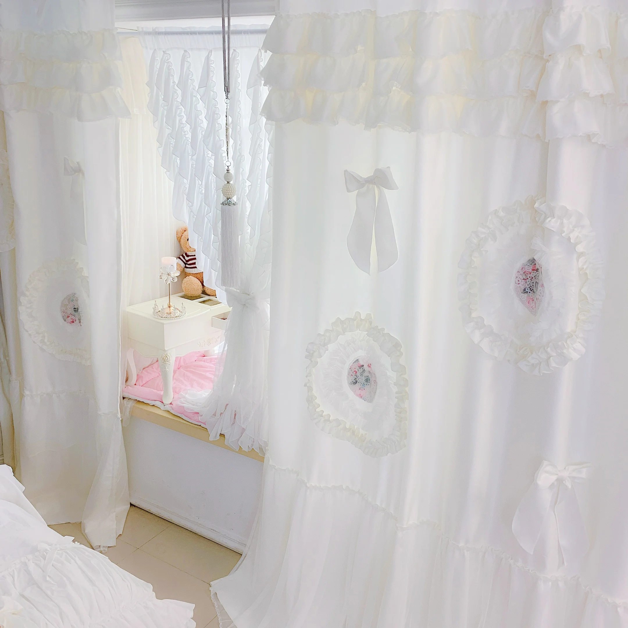 

High Grade European Style Semi-blackout Voile Curtains Solid White with Handmade Ruffles Floral Princess Cortins for Gilr's Room