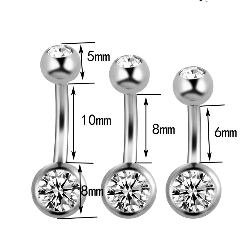 1 Piece 14G Screw Belly Ring Curved Banana Navel Bell Button Ring Clear Double Crystal Ball Body Piercing Jewelry