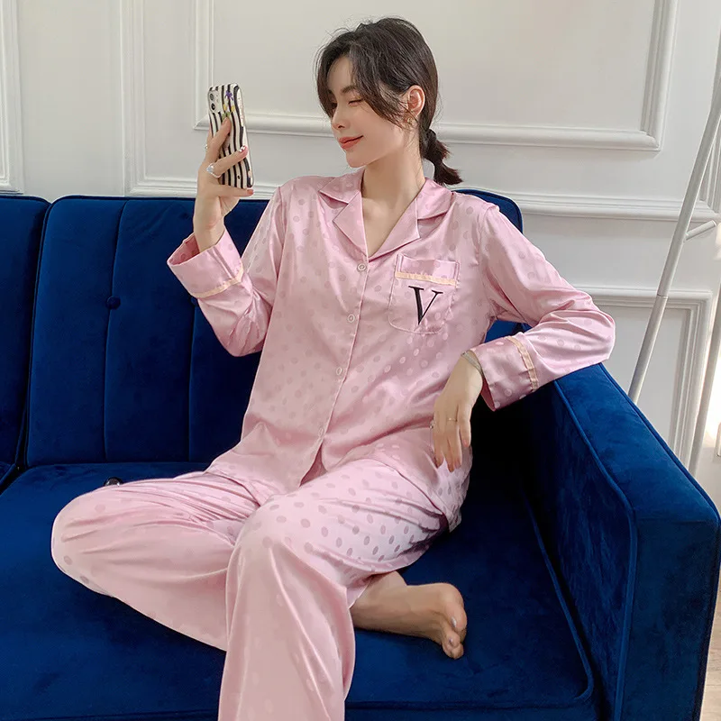 Button-Down Sleepwear Female Pajamas Suit Spring Autumn Nightwear Satin Two-pieces Set With Pants Summer Lounge Home Clothes