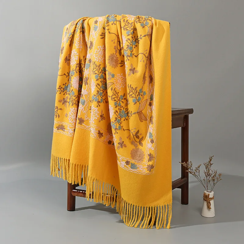 Ultra Long Scarf Wrap Women Pashmina With Tassels Embroidery Flower Echarpes Chal Artificial Cashmere Cape Mujer Bufanda