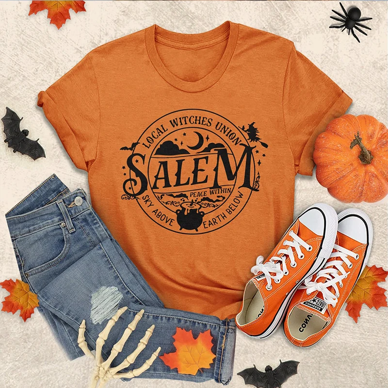 Địa Phương Phù Thủy Liên Salem Cam T Áo Sơ Mi Nữ 100% Cotton Graphic Tee Halloween Wicca Áo Thun Nữ Tay Ngắn Cao Cấp Witchy Áo Thun Nữ