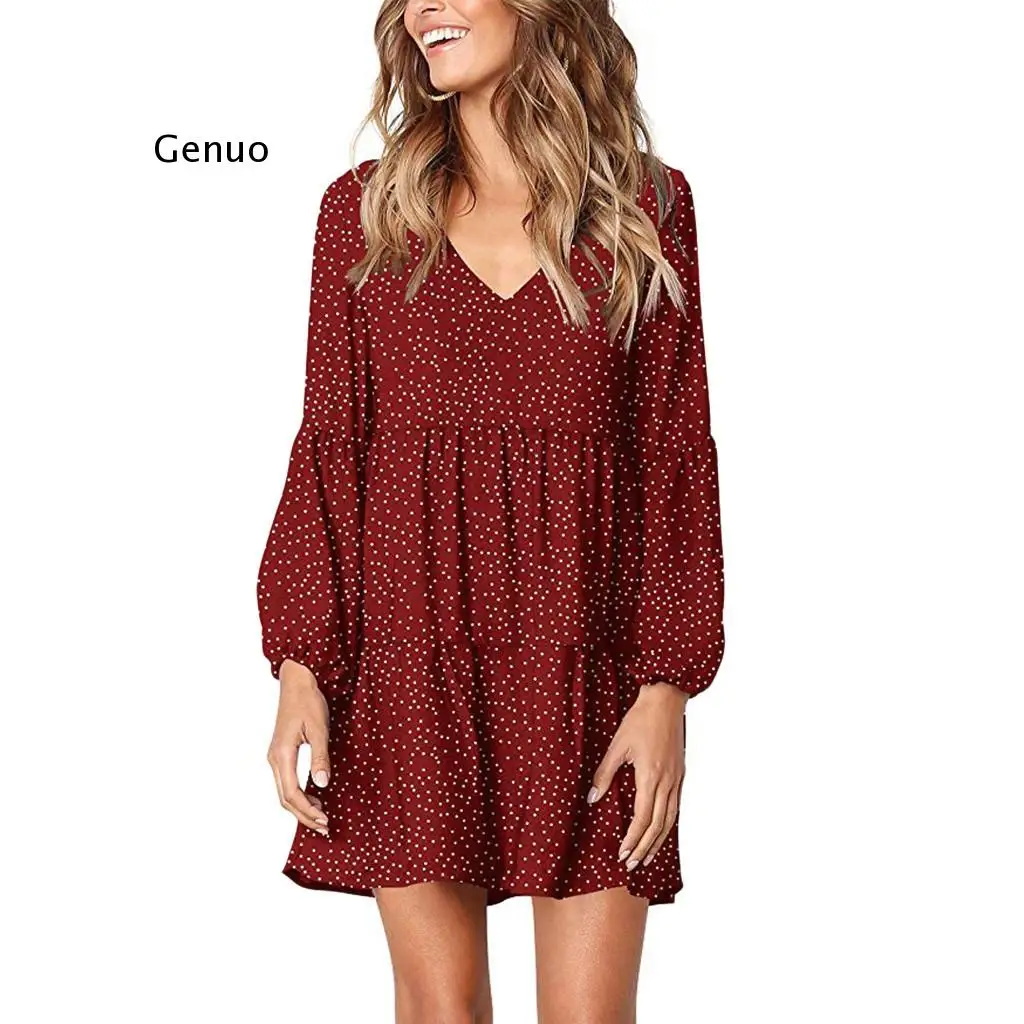 New Fashion Women Dress V-Neck Dot  Mini Dress Casual Summer Thin Long Sleeve Ruffle Loose Swing Dress party Femme