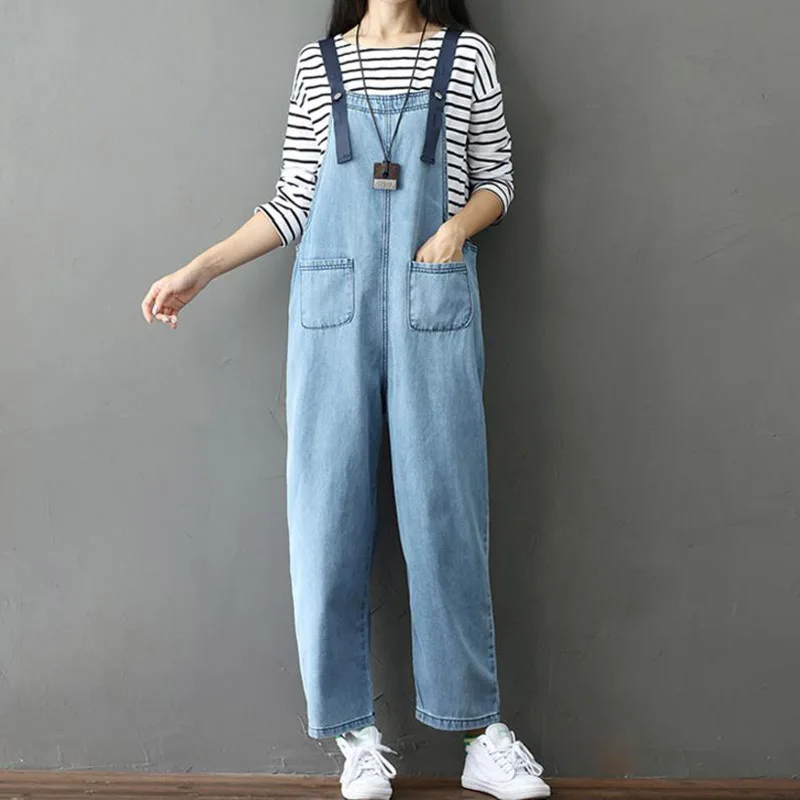 Denim Jumpsuit Women Casual Loose Sleeveless Denim Overalls Women Solid Suspenders Jumpsuits Long Pants Korean Fashion Clothing